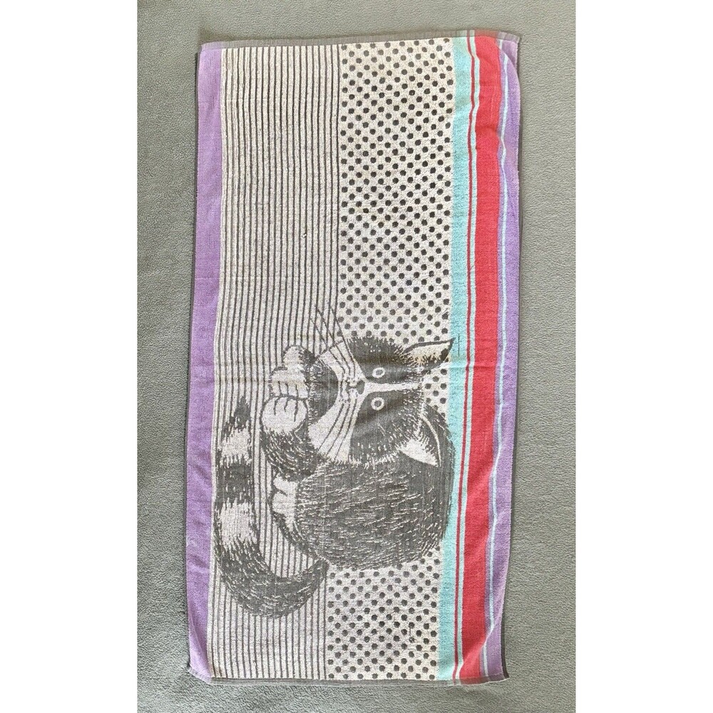 Vtg Cecil Saydah Beach Towel Ipanema Cat Polka Dots Stripes Purple Red *READ*